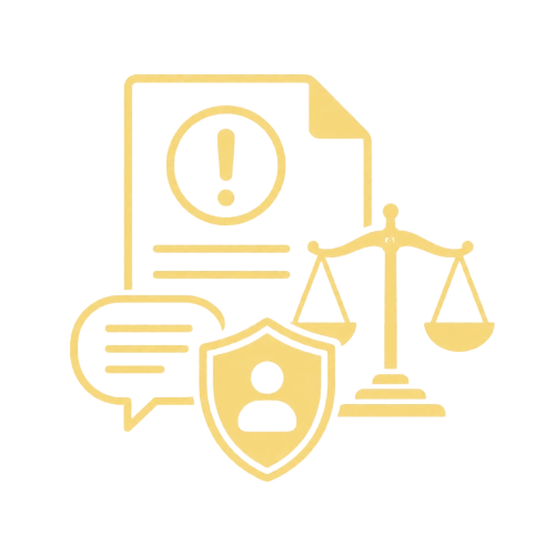 Consumer complaint legal icon with document, shield and justice scales