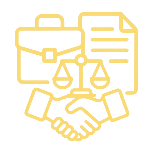 Corporate law icon with business briefcase, document and handshake