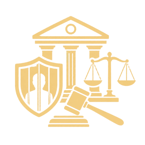 Criminal law icon with court, shield, gavel and justice scales