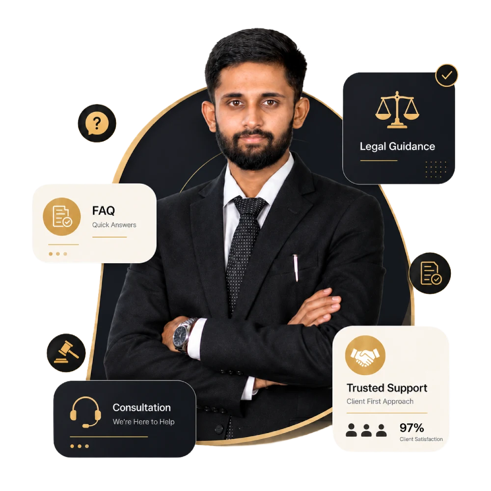 Advocate E.A. Ashwin Datha with FAQ and legal consultation support graphics for EA Legal Bangalore