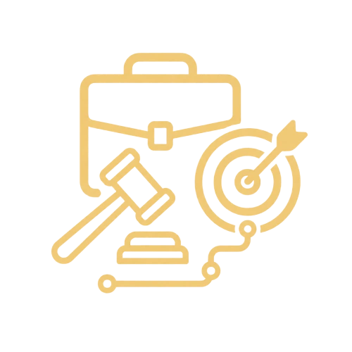 Practical case approach icon with gavel, briefcase and target