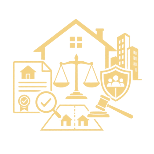 Property law icon with house, documents and justice scales