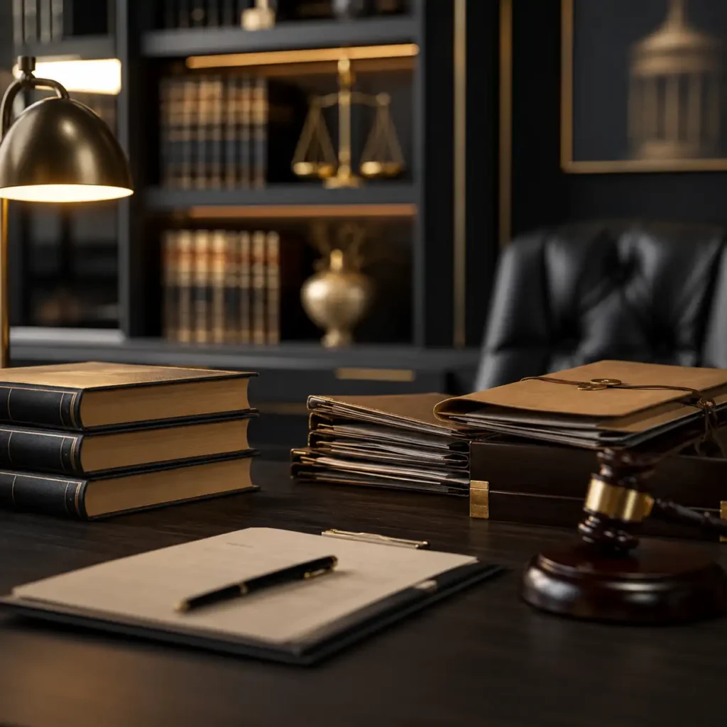 High Court legal consultation desk with case files and gavel