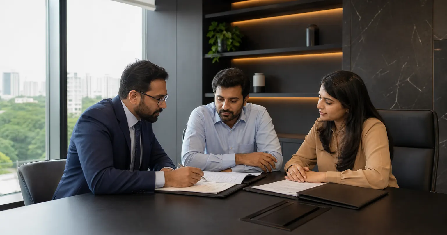 Business founders discussing contract revisions with a corporate lawyer in Bengaluru