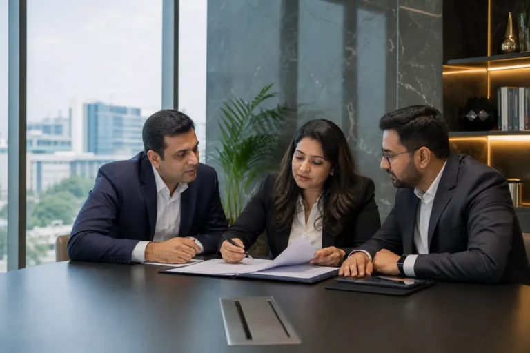Indian corporate lawyer reviewing a business contract with company leaders in Bengaluru