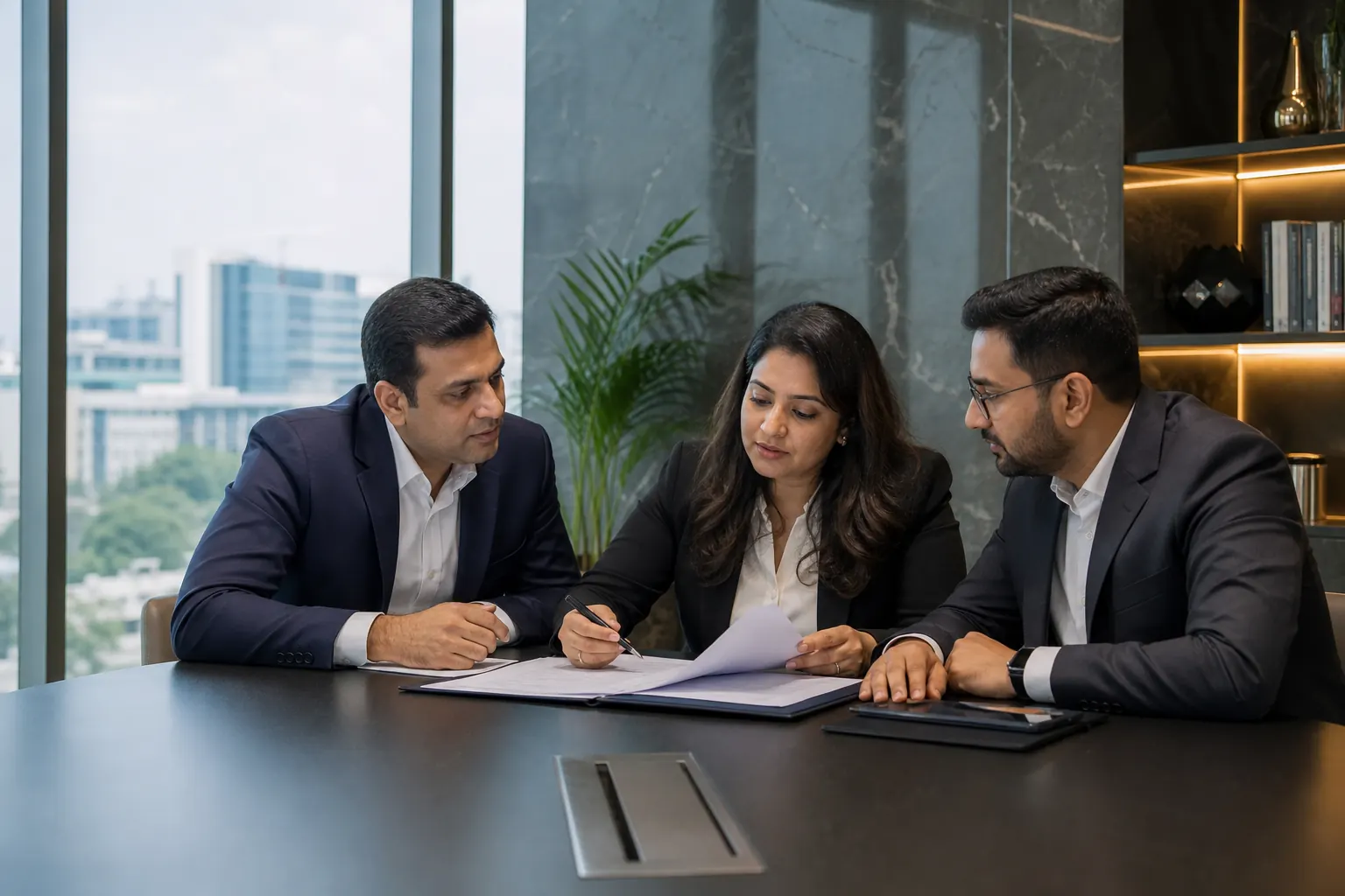 Indian corporate lawyer reviewing a business contract with company leaders in Bengaluru