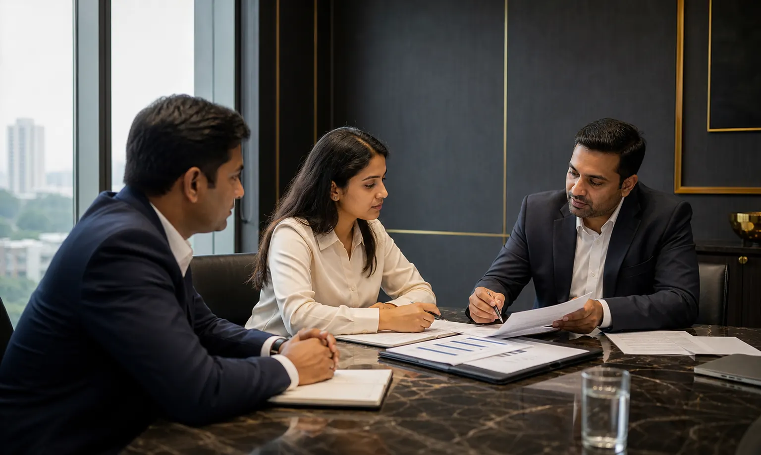 Indian business representatives discussing a documented payment settlement with counsel