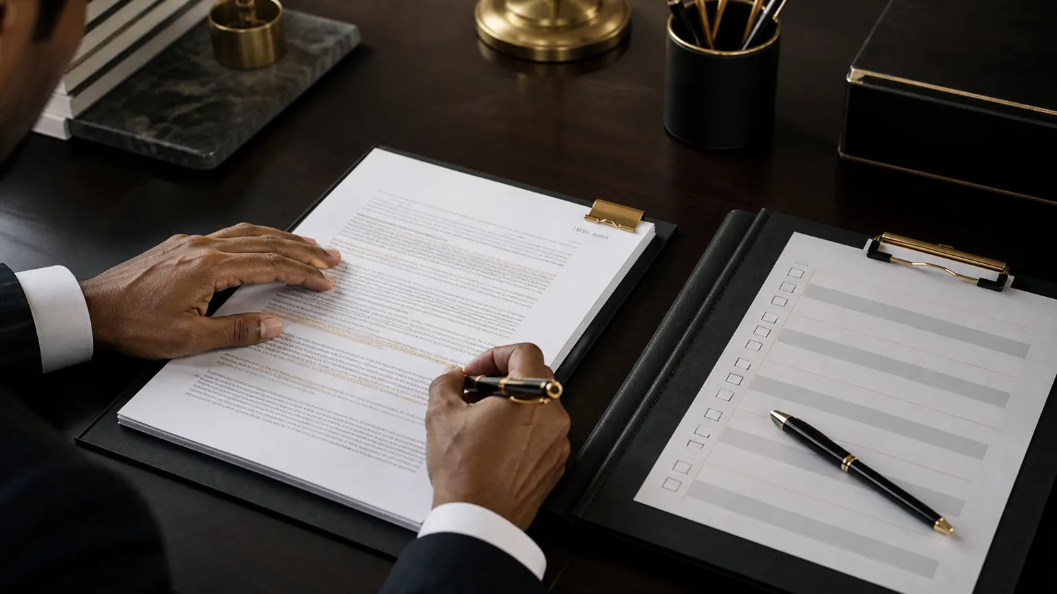 Corporate lawyer checking commercial agreement clauses against a review checklist