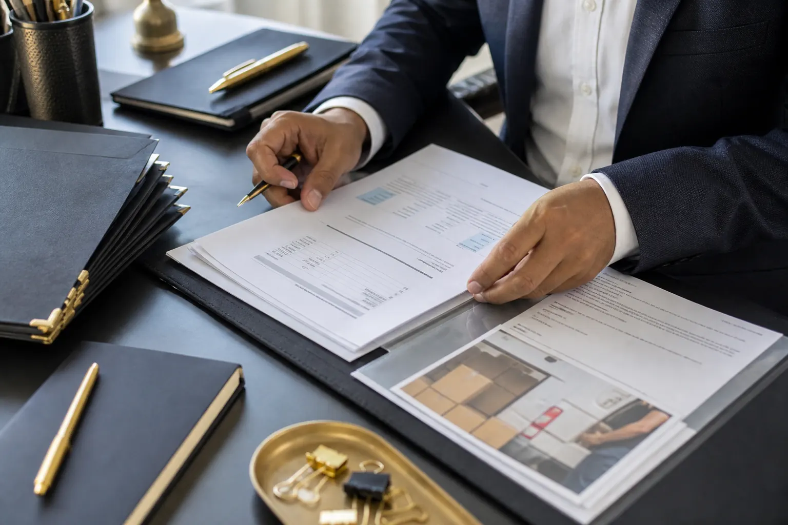 Finance professional organising invoices, purchase orders and delivery evidence