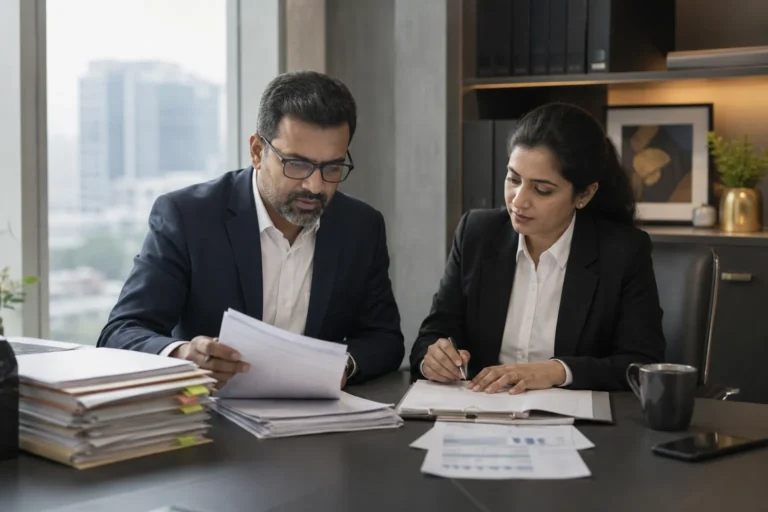 Indian business owner and corporate lawyer reviewing records for an unpaid invoice legal notice