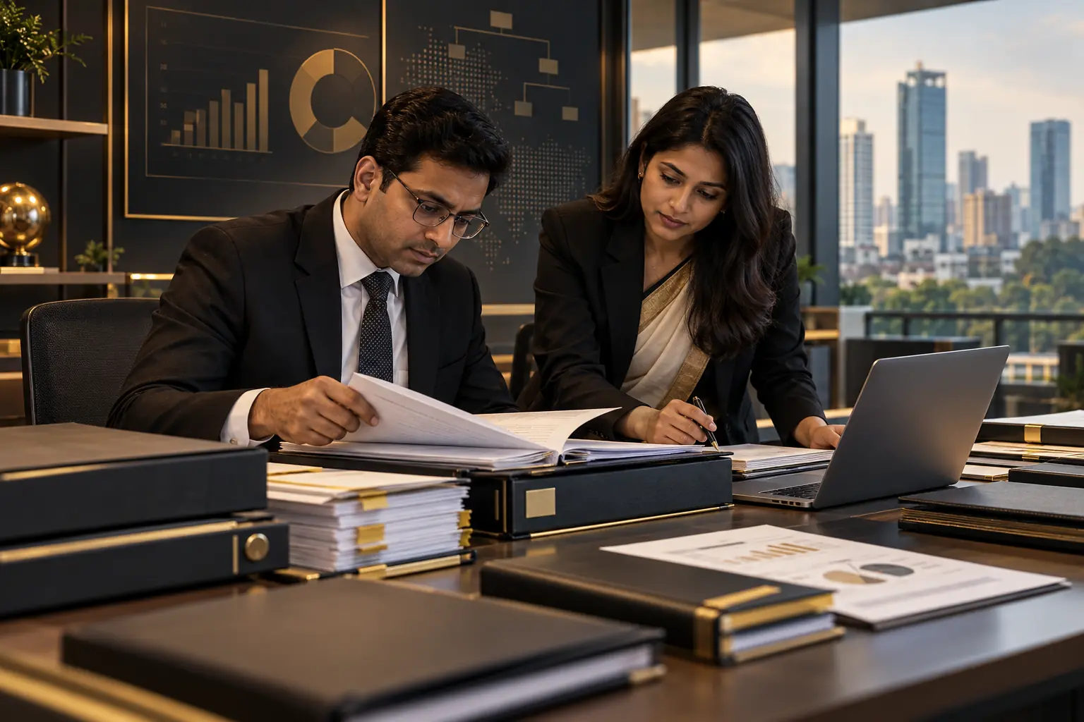 Indian lawyer and company secretary reviewing statutory and board records