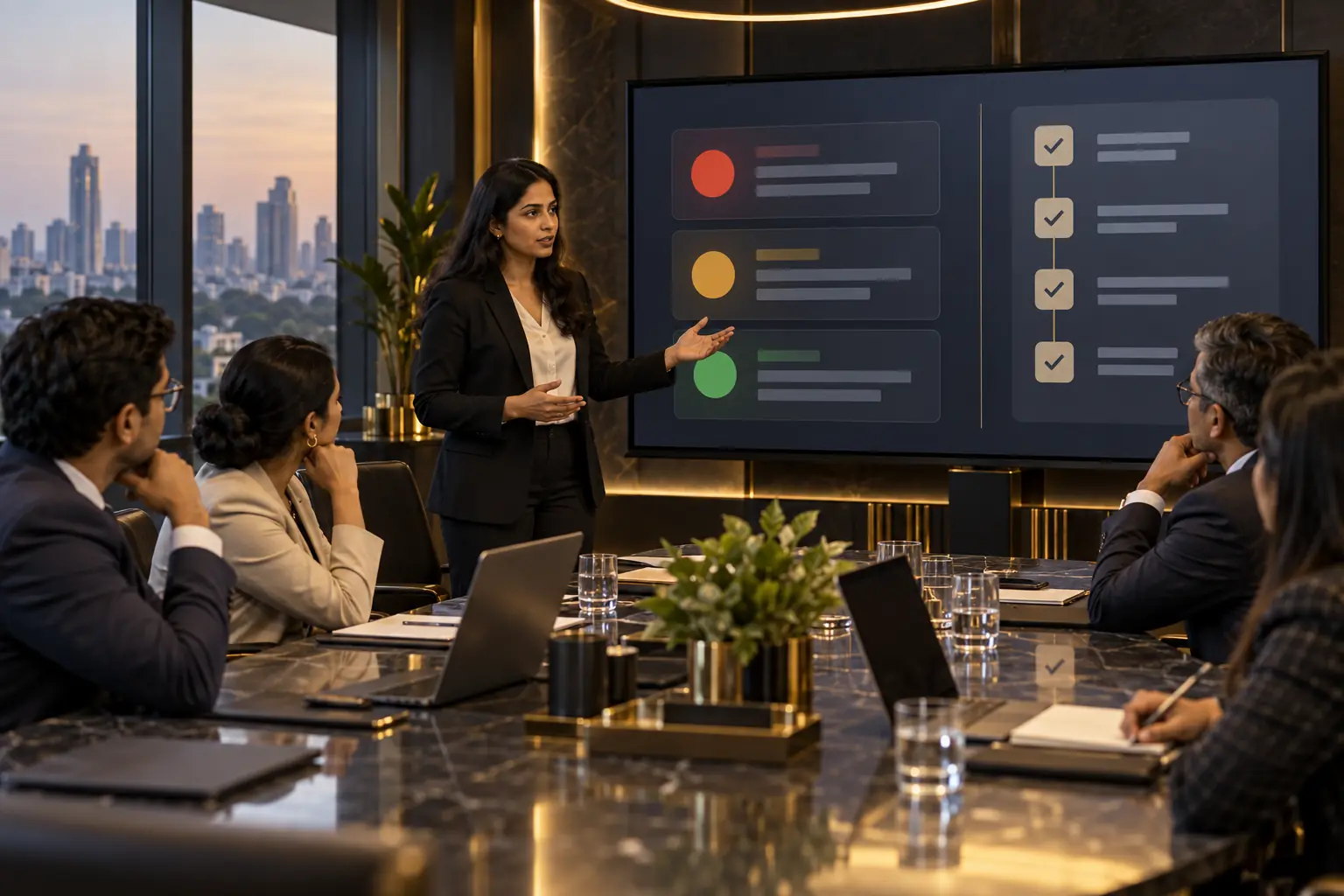 Indian transaction lawyer presenting legal risks and closing actions to an investor team