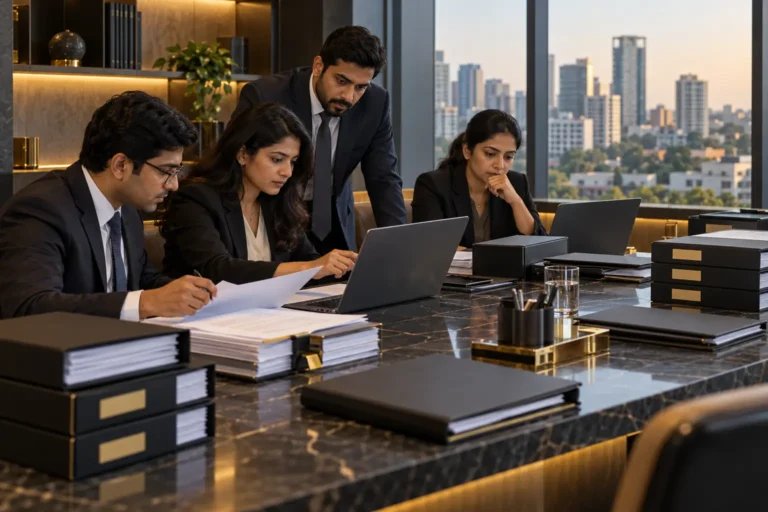Indian legal team reviewing a company acquisition data room for legal due diligence