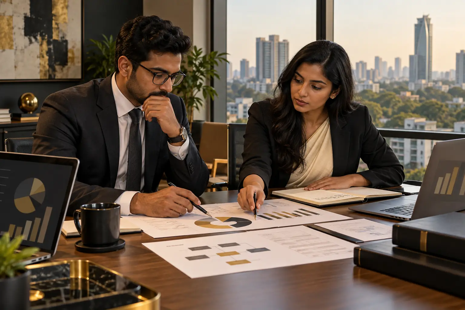 Indian corporate lawyer and finance lead reviewing a cap table and governance documents