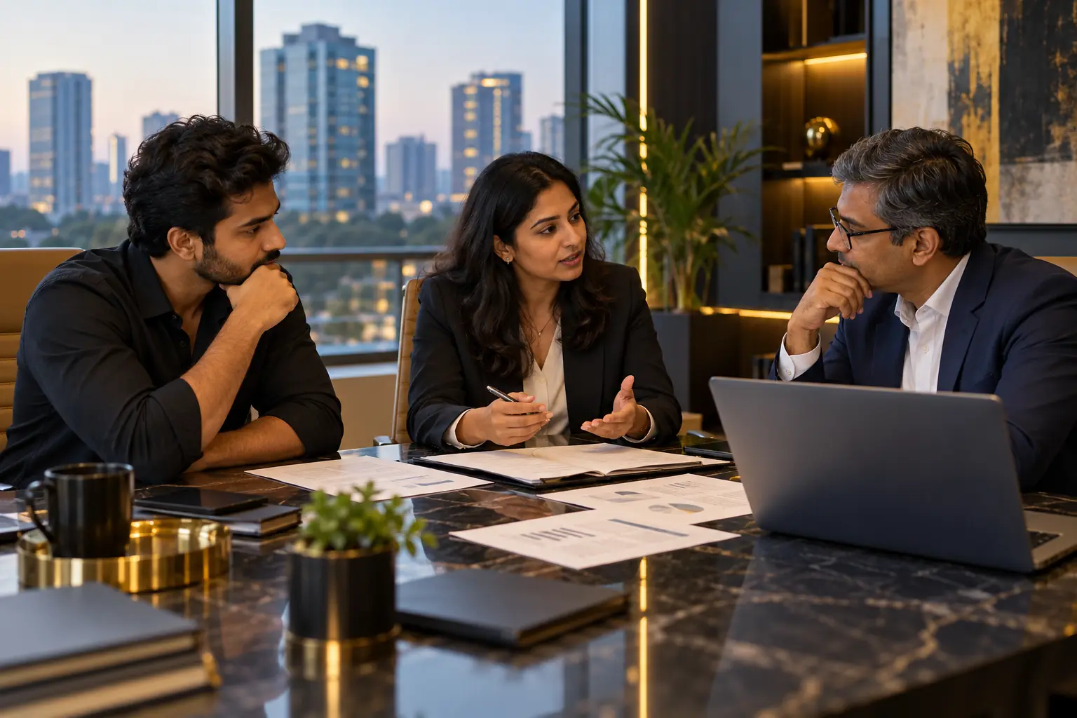 Indian founder and investor discussing governance and share transfer terms with corporate counsel