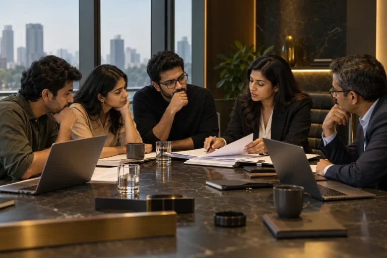 Indian founders, an investor and corporate counsel reviewing a shareholders agreement in Bengaluru